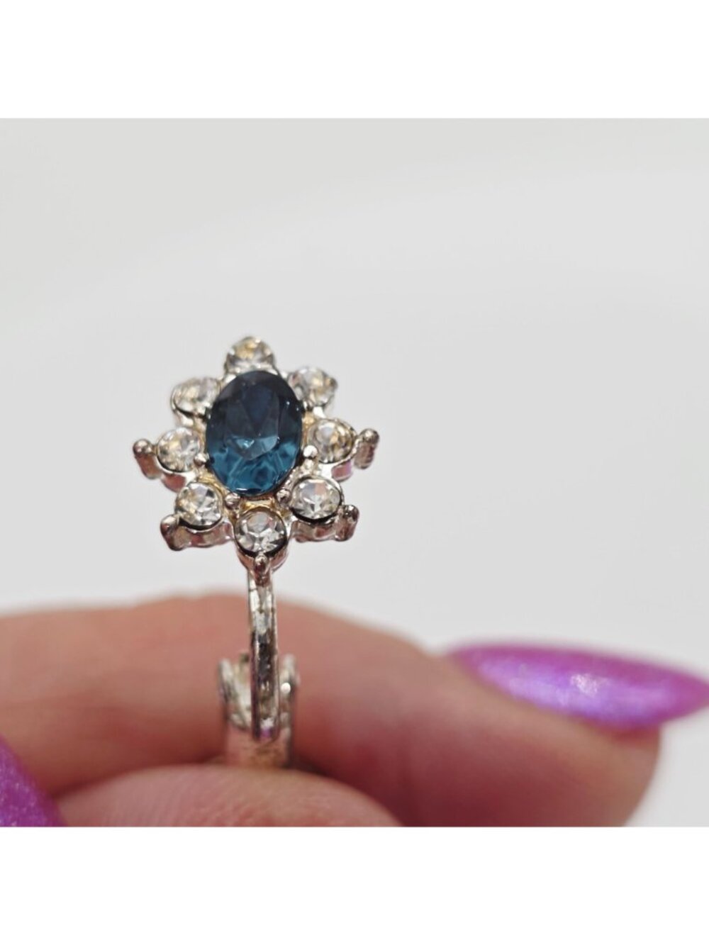 Vintage Silver-Tone Clip-On Earrings With Blue & Clear Rhinestones Floral Design - Picture 7 of 7
